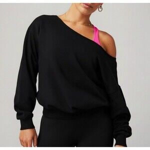 NEW Fabletics Year Round Sweatshirt Large Off the Shoulder Relaxed Black Boxy
